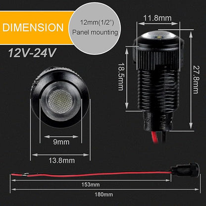 5pcs 12mm 12V-24V LED Indicator Light Plastic Black Signal Dot Lamp 12V-24V 1/2 inches Mounting Hole Size with 15cm/5.9in. Wire (White LED)