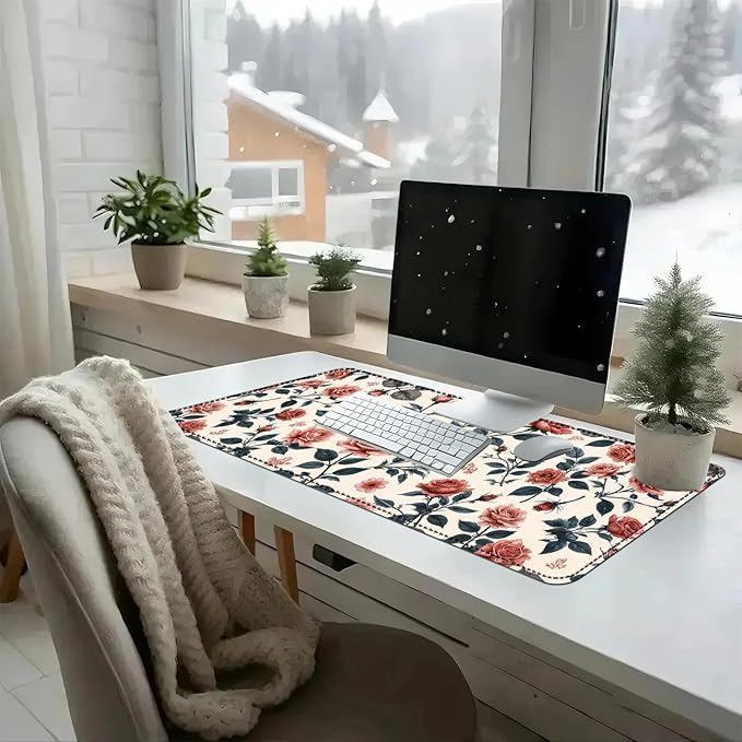 Heated Mouse Pad with 3 Temperature Settings(104°F–122°F),Large 31.5x13 Inch PU Leather Heated Desk Mat,Waterproof Warming Pad for Office,Gaming & Cold Hands Relief,Retro Flowers