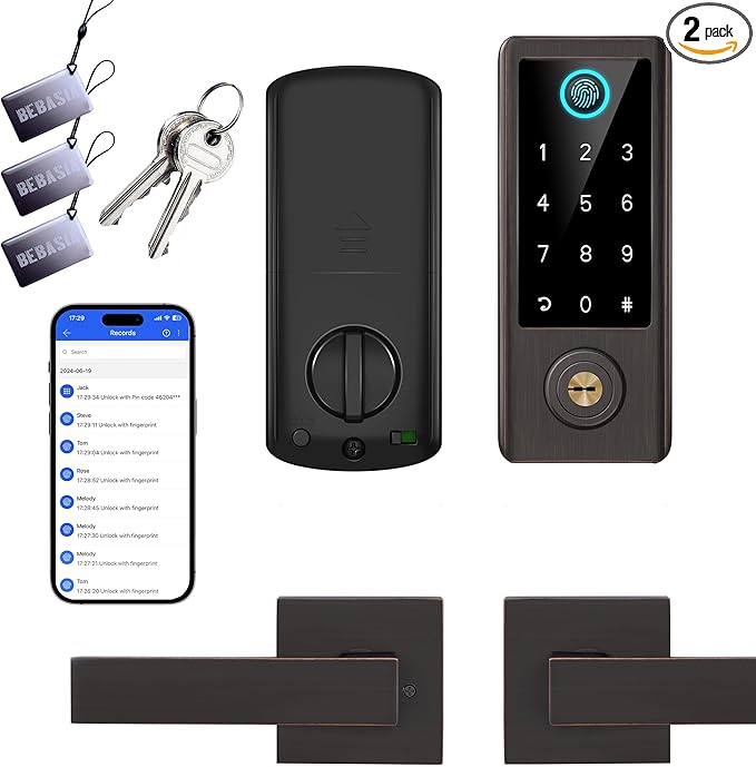 BEBASIA Smart Fingerprint Door Lock with Handle Set, Full App Control, Electronic Digital Touchscreen Keypad, Deadbolt Smart Locks for Front Door, Auto Lock, Aged Bronze