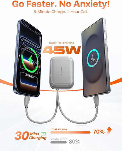 TORRAS EasyGo Portable Charger, 45W Fast Charging 10000mAh Power Bank [Travel & Daily Essentials] Built in Cable USB C, Phone Battery Pack Powerbank for iPhone Air/17/16/15 Series, Samsung, iPad etc