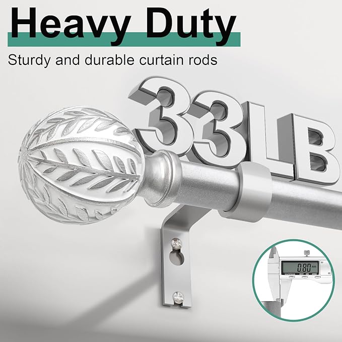 Silver Curtain Rods for Windows 28 to 48 inch,1" Adjustable Heavy Duty Window Curtain Rod with Leaf Finials,Rustic Decorative Drapery Rods Set,Size:18-60''
