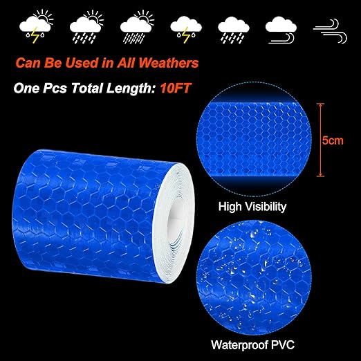PATIKIL 2 Inch x 10 ft Reflective Tape, 1 Roll Waterproof Self Adhesive High Visibility Caution Warning Safety Tape Reflector with Scraper for Trucks Trailers Cars, Blue