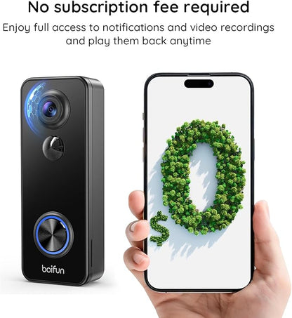 BOIFUN Doorbell Camera Wireless – No Subscription Required, 180° Ultra Wide-Angle, 2K FHD, AI Detection & Alert, HDR Night Vision, Two-Way Audio & Battery Video Doorbell with Chime, 2.4 GHz Wi-Fi Only