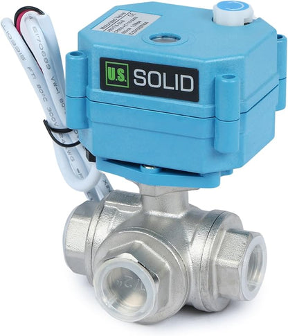 U.S. Solid 1/2" 3 Way Stainless Steel Motorized Ball Valve AC110-230V, L Type Water Shutoff Valve with Manual Function, Standard Port