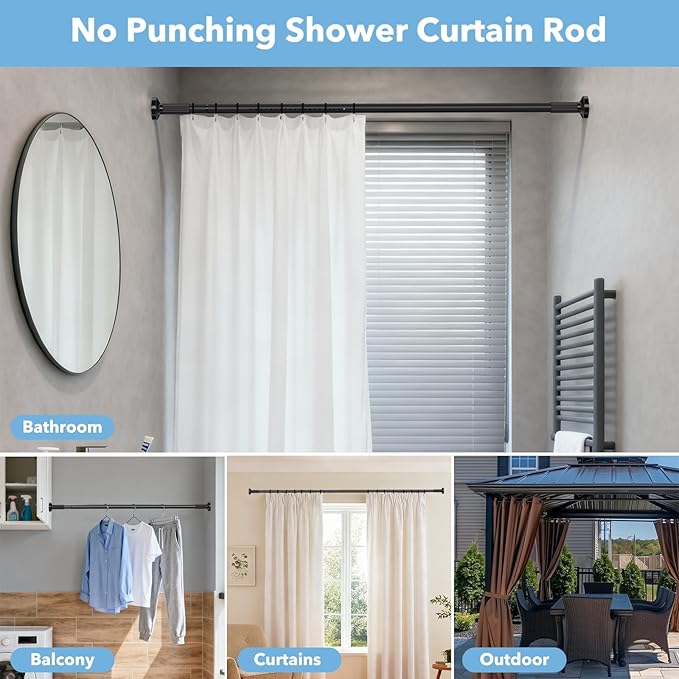 Tension Curtain Rod 51–148 In (4.25–12.33 ft),Extra Long Outdoor Curtain Rod for Window or Bathroom Patio,Easy to Install No Drilling Never Rust,Heavy Duty Adjustable Spring Shower Rod