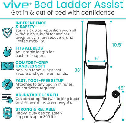 Vive Bed Ladder Assist - Pull Up Assist Device with Handle Strap - Rope Ladder Caddie Helper - Sitting, Sit Up Hoist for Elderly, Senior, Injury Recovery Patient, Pregnant, Handicap - Padded Hand Grip