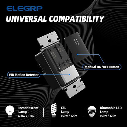 ELEGRP Occupancy Motion Sensor Light Switch, PIR Infrared Motion Activated Wall Switch, No Neutral Wire, Single Pole for CFL/LED/Incandescent Bulb, Wall Plate Included, UL Listed (6 Pack, Matte Black)