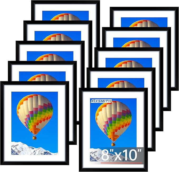 FIXSMITH 8x10 Picture Frame Set of 10, Black Photo Frames Bulk with HD Plexiglass, Display Pictures 5x7 with Mat or 8x10 Without Mat, Multi Picture Frames Collage for Tabletop or Wall Display