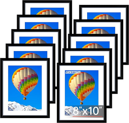 FIXSMITH 8x10 Picture Frame Set of 10, Black Photo Frames Bulk with HD Plexiglass, Display Pictures 5x7 with Mat or 8x10 Without Mat, Multi Picture Frames Collage for Tabletop or Wall Display