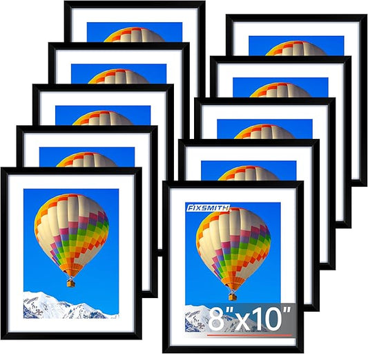 FIXSMITH 8x10 Picture Frame Set of 10, Black Photo Frames Bulk with HD Plexiglass, Display Pictures 5x7 with Mat or 8x10 Without Mat, Multi Picture Frames Collage for Tabletop or Wall Display