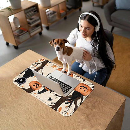 Heated Mouse Pad with 3 Temperature Settings(104°F–122°F),Large 24x14.2 Inch PU Leather Heated Desk Mat,Waterproof Warming Pad for Office,Gaming & Cold Hands Relief,Black Cats Pumpkins