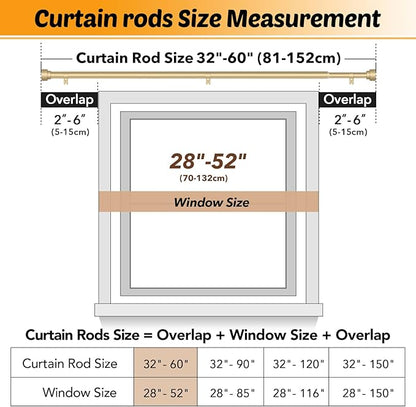 GEEBOBO 2 Pack Gold Curtain Rods for Windows 28 to 48 Inch, 1 Inch Adjustable Heavy Duty Decorative Curtain Rods, W1 (Gold, 32"-60",2 Pack)