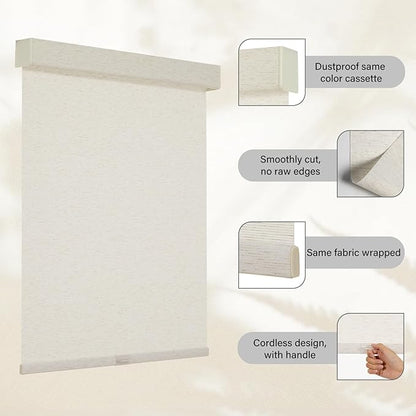 Persilux Custom Size Light Filtering Cordless Roller Blinds Natural Woven Stripes Fabric Thermal Insulation Privacy Roller Shades for Home,Office,Bedroom,Cream Color