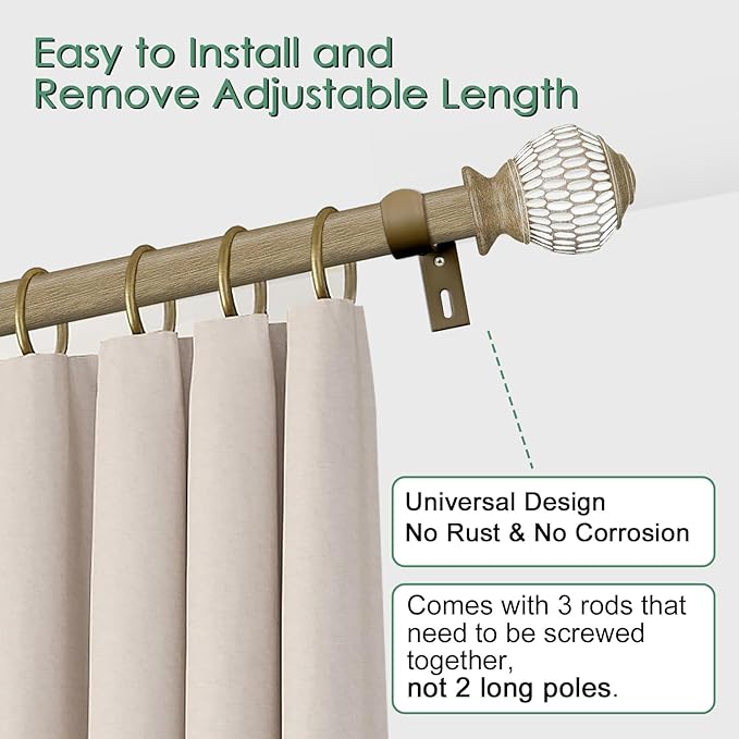 Curtain Rods for Windows 16 to 48 Inches Adjustable Length 1 Inch Diameter Window Curtain Rod with Wood Grain Leaf Pattern Finials,for Heavy Duty Curtains Rods
