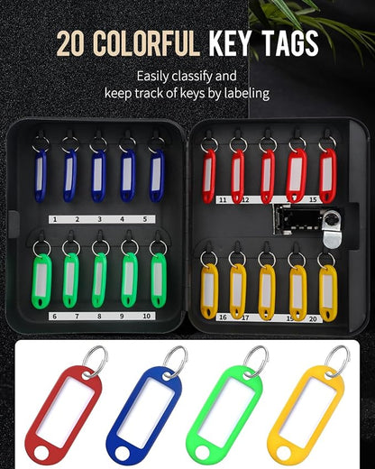 Uniclife 20 Position Key Cabinet with Combination Lock Resettable Black Digital Security Storage Box Steel Key Organizer with Colorful Key Tag Labels Stickers and Hooks