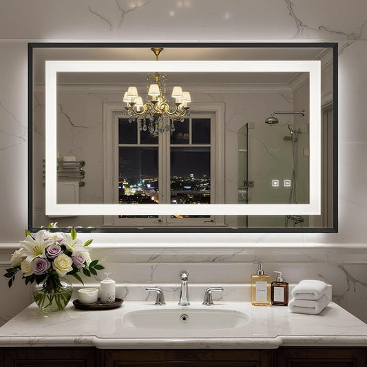40X24 Inch LED Bathroom Mirror with Lights, Black Frame Frontlit+ Backlit Bathroom Vanity Mirror for Wall, Ultra-Clear Tempered Glass, Shatter-Proof, Anti-Fog and Memory Function, ETL Listed