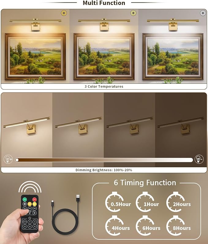 Joosenhouse Battery Operated Picture Lights for Wall Rechargeable Art Lighting for Paintings Wireless Gallery Lights with Remote Control and Dimmable Timed Off Brass Wall Lights 24.4 inch
