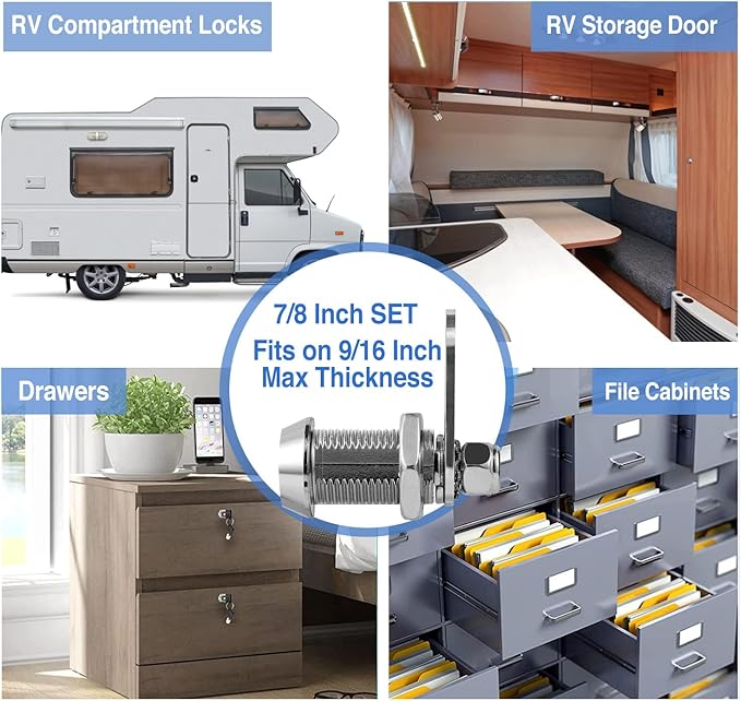 RV Storage Locks - Keyed Alike, 7/8' Fits 9/16' Max Door Thickness, Camper Trailer Cabinet Locks (6 Pack)
