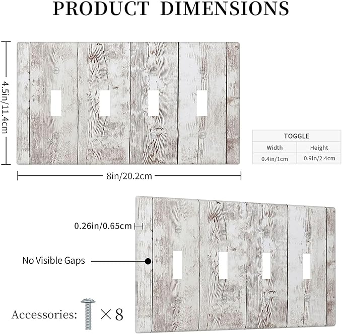 Light Switch Covers Rustic Vintage White Wood Grain Quad Toggle Electrical Faceplate 4 Gang Wall Plate Decorative Switch Plates for Farmhouse Home Decor