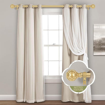 Gold Adjustable Curtain Rods for Windows:18-60 Inch Farmhouse Heavy Duty Curtain Rod for Bedroom Living Room,Boho Decorative Rustic Drapery Rods with Vintage Coastal Texture Finial,Brass Gold