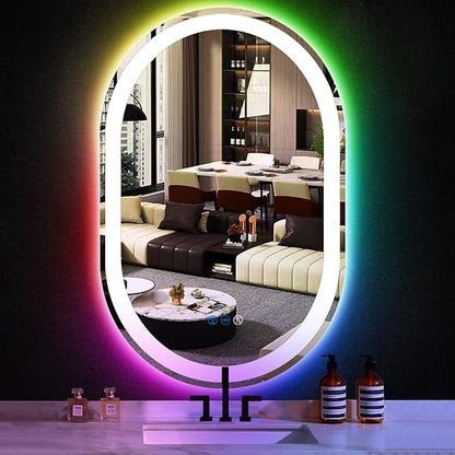 THEKLA 20 x 32 Inch Oval LED Vanity Mirror with Lights Smart Dimmable 3 Color+ Rainbow RGB Color Changing Backlit 32" Oval Lighted Mirror for Bathroom Wall Horizontal/Vertical Mount Anti-Fog