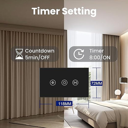 Smart Curtain Switch Neutral Wire Required, 2.4GHz WiFi Dimmer Light Switch with Remote Voice Control, Tempered Glass Panel, Compatible with Alexa and Google Home, Black WiFi Curtain