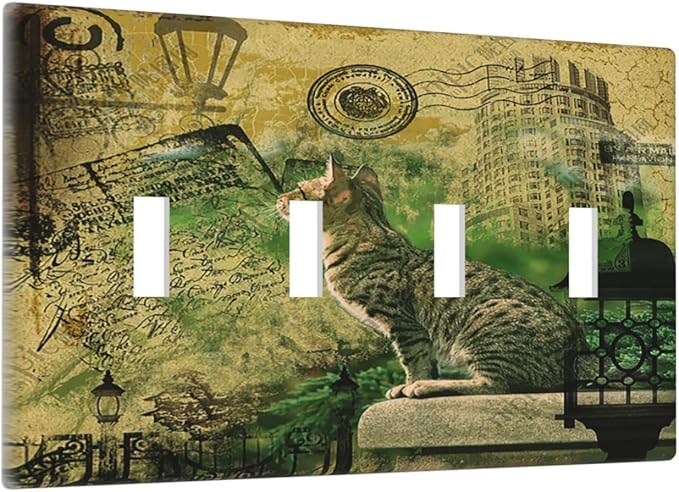 Light Switch Cover Plate Vintage Style Cat City Stamp 4 Gang Quad Toggle Wall Plate Electrical Outlet Cover Decorative Switch Plate Covers for Bedroom Home Decor