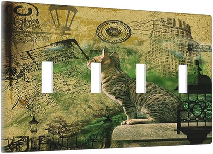 Light Switch Cover Plate Vintage Style Cat City Stamp 4 Gang Quad Toggle Wall Plate Electrical Outlet Cover Decorative Switch Plate Covers for Bedroom Home Decor