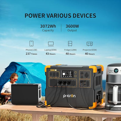 pecron Portable Power Station 3072Wh E3600LFP with 3072Wh EP3000-48V Expandable to 6054Wh, 5x3600W AC Outlets Power Station, LiFePO4 Battery Backup Solar Generator for RV, Camping, CPAP, Emergency