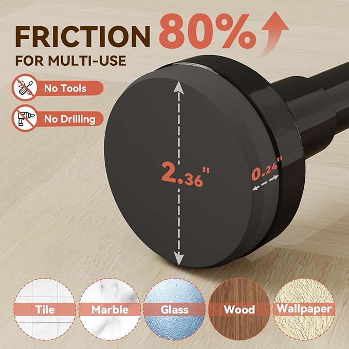 YASONIC Shower Curtain Rod 26-84 Inch, 1 Inch Diameter Tension Curtain Rods No Drilling, Black Shower Rods for Bathroom, Spring Loaded Curtain Rods Adjustable, Anti-Rust Non-Slip Easy Installation