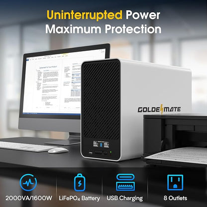 GOLDENMATE 2000VA/1600W Lithium UPS Battery Backup and Surge Protector, Backup Battery Power Supply with LiFePO4 Batteries(460Wh), AVR, Line Interactive Sinewave UPS System, 8 Outlets, LCD Display