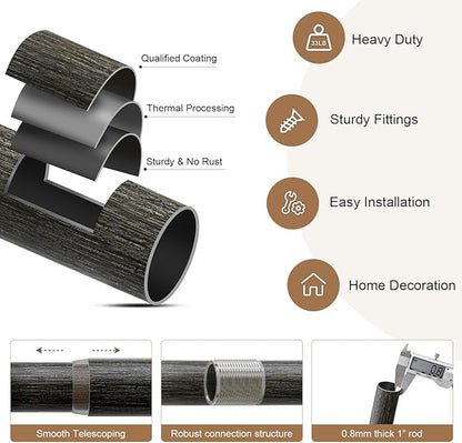 2 Pack Black walnut wood Grain Curtain Rods for Windows 66 to 120 Inches 1" Diameter Heavy Duty Window Curtain Rod Adjustable with Solid Finials for Living Room Bedroom Kitchen Farmhouse Outdoor