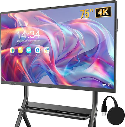Smart Board with Wireless HDMI Display Adapter, 75 Inch Interactive Whiteboard 4K Touchscreen Built in HD Camera, Digital Presentation Electronic Smart WhiteBoard for Classroom Home Office