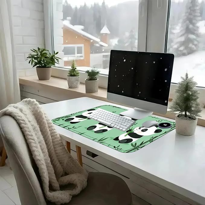 Heated Mouse Pad with 3 Temperature Settings(104°F–122°F),Large 24x14.2 Inch PU Leather Heated Desk Mat,Waterproof Warming Pad for Office,Gaming & Cold Hands Relief,Cute Three Pandas