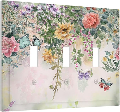 Light Switch Covers Rustic Floral Watercolor Flower Blossom Butterfly 3 Gang Wall Plates Triple Toggle Outlet Cover Decorative Switchplates Electrical Panel Cover for Kitchen Living Room 4.8 X 6.7 IN