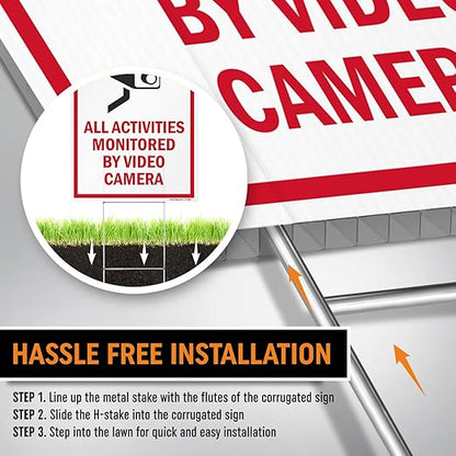 SmartSign 12" x 18" (2-Pack) All Activities Monitored By Video Camera Yard Sign with 15" Metal H-Stake, Double Sided Sign with Camera Symbol, 160 mil Thick Corrugated Plastic Lawn Signs, USA-Made