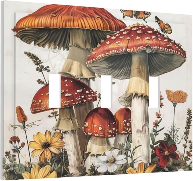 Decorative Switch Plates Mushroom Forest Butterfly Wild Flower 3 Gang Wall Plate Triple Toggle Light Switch Cover Faceplate Electrical Wall Panels For Bed Room Living Room Decor