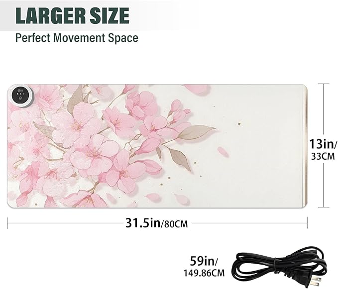 Large Heated Mouse Pad,Leather Desk Mat,31.5"x13",Hand Warmer Pads for Desk,Sakura（Pink White）