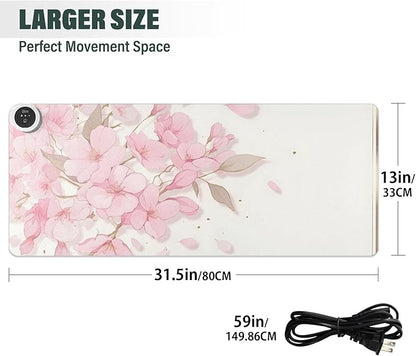 Large Heated Mouse Pad,Leather Desk Mat,31.5"x13",Hand Warmer Pads for Desk,Sakura（Pink White）
