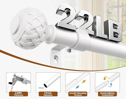TONIAL White Curtain Rod 32 to 58 Inches, 7/8 Adjustable Curtain Rods for Windows 20 to 54 Inches, Splicing Drapery Rods Heavy duty with Netted Texture Finials