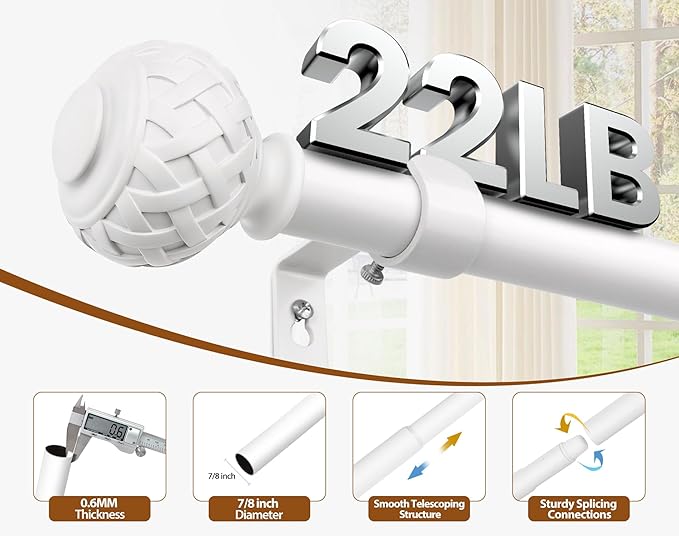 TONIAL White Curtain Rod 32 to 86 Inches, 7/8 Adjustable Curtain Rods for Windows 20 to 82 Inches, Splicing Drapery Rods Heavy duty with Netted Texture Finials
