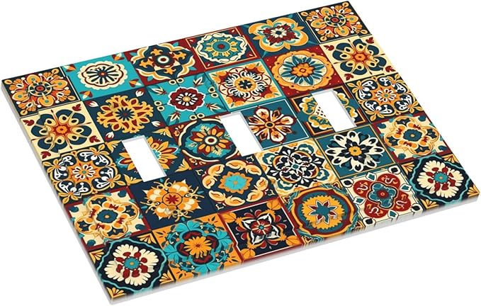 Mexican Talavera Ceramic Tile Moroccan Boho Decorative Switch Plates 3 Gang Wall Plate Triple Toggle Light Switch Cover Faceplate Electrical Wall Panels for Bathroom Kitchen Decor