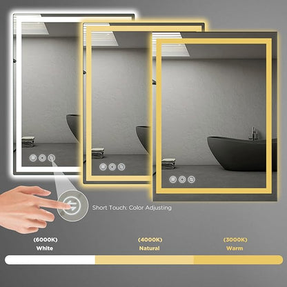 Bathroom Mirror, 28"x 36" Vanity Mirror with Lights, LED Mirrors with Anti-Fog, Stepless 3 Colors Temperature & Dimmable, Memory Tempered Glass Bathroom Mirrors for Over Sink