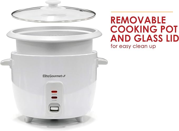 Elite Gourmet ERC-003X Electric Rice Cooker with Automatic Keep Warm Makes Soups, Stews, Grains, Hot Cereals, 6 Cups Cooked (3 Cups Uncooked), White