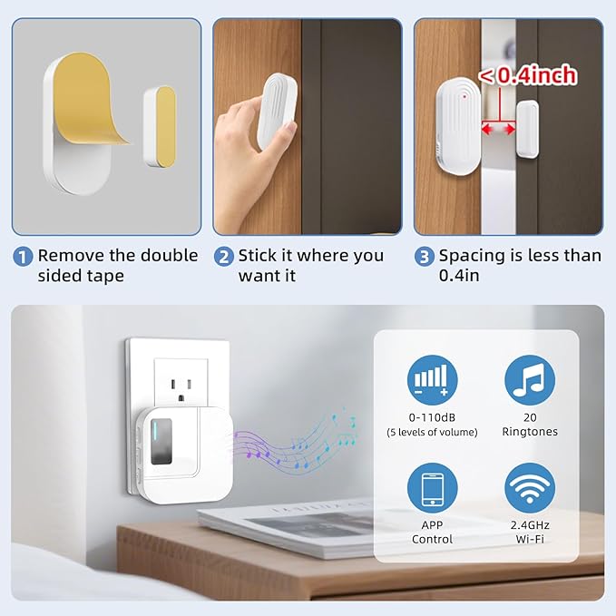 Door Chime,Sanjie WiFi Door Sensor Open Chime When Entering for Business/Home/Store/Office Alert Your Phone,Alarms for Kids Safety,500 FT Range,20 Ringtones,3 Sensors 1 Receiver