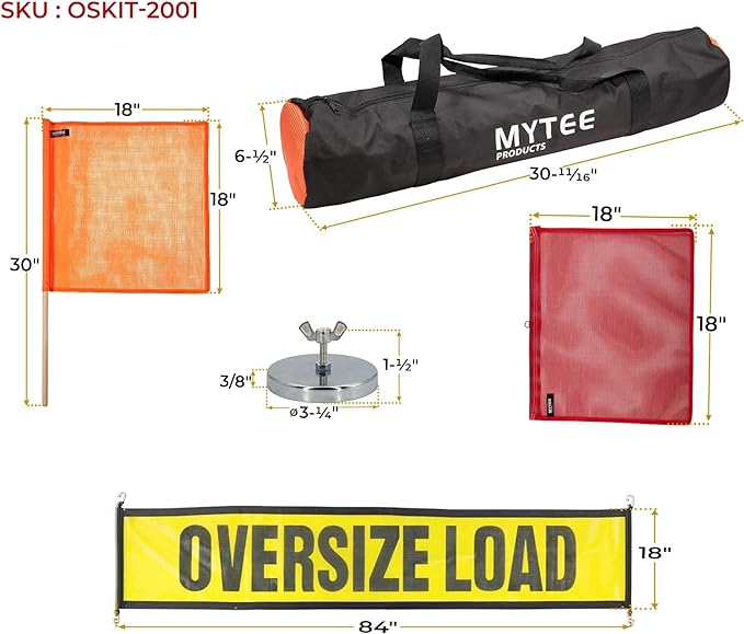 Mytee Products 15 Pcs Magnetic Oversize Load Sign Kit - 2 Mesh Oversized Load Banner, 8 Pcs Mesh Warning Flag w/Wood Dowel & Wire Loop, 1 Bag & 4 Magnetic Flag Holder for Construction, Pedestrian Sign