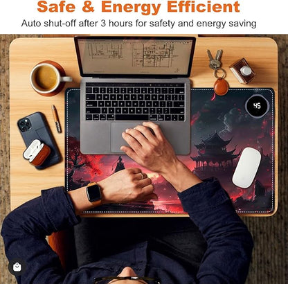 Small Heated Desk Pad 23.6" x 14.2" – Compact Electric Mouse Pad with 3 Heating Levels, Auto Shut-Off, Waterproof PU Surface, Plug-in Warmer for Office or Home Use, Bloody Moonlight