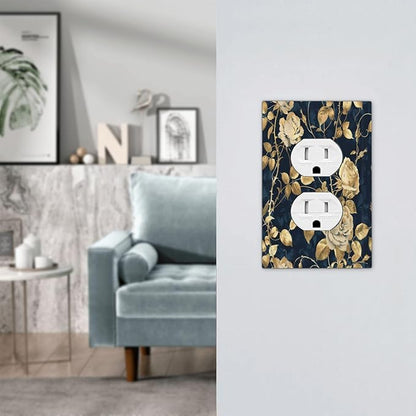 Outlet Covers Boho Vintage Floral Golden Flower Dark Blue Background 1 Gang Duplex Wall Plate Decorative Switch Plates Electrical Receptacle Faceplate Light Switch Cover for Bedroom
