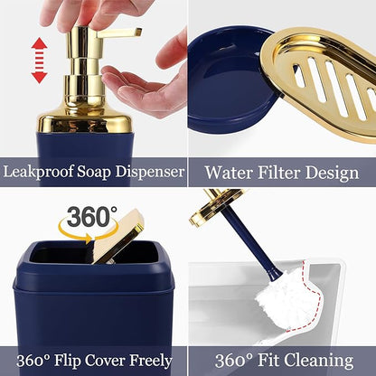 Blue and Gold Bathroom Accessories Set, Bathroom Sets with Shower Curtain, Blue Bathroom Accessories with Trash Can, Soap Dispenser, Soap Dish, Toilet Brush Holder, Qtip Holders for Bathroom