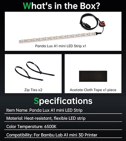 BIQU Panda Lux for Bambu-Lab A1 Mini 3D Printer Only, LED Light Strip Upgrade Kit, 24V LED Light Bar, Control via Stock Screen, with 780mm Cable, Easy to Install
